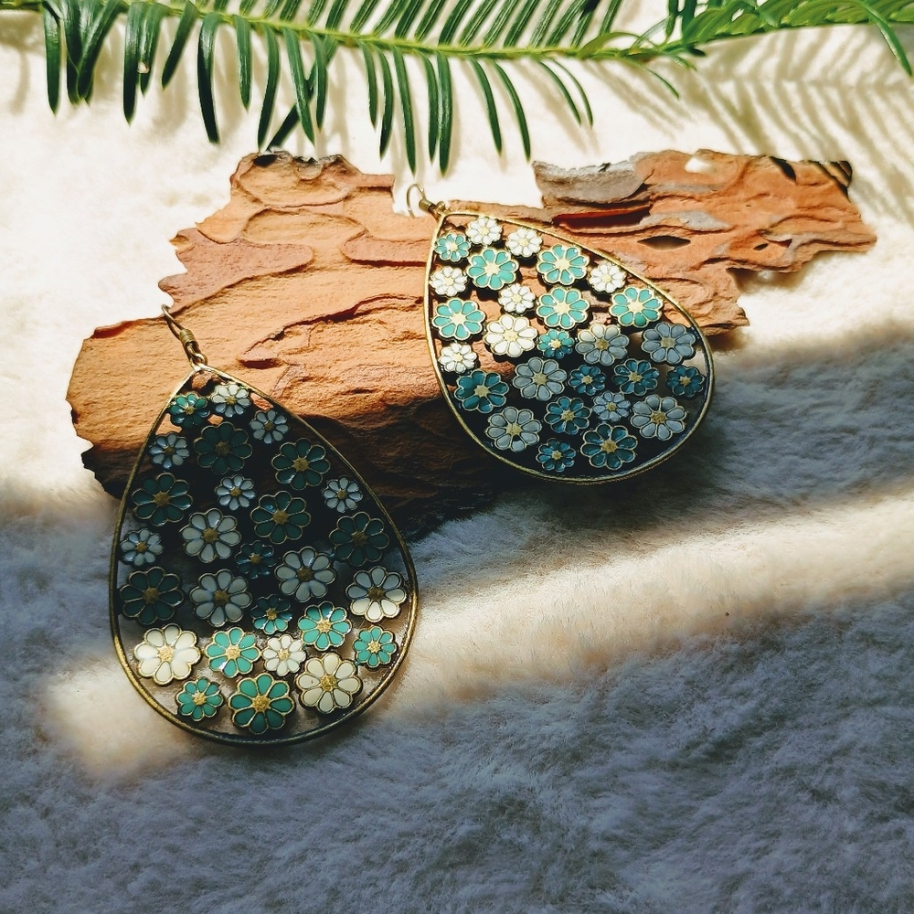 Large Faux Enamel Bronze Tone Teardrop Dangle Earrings, boho, Southwestern, Boho - Picture 6 of 6